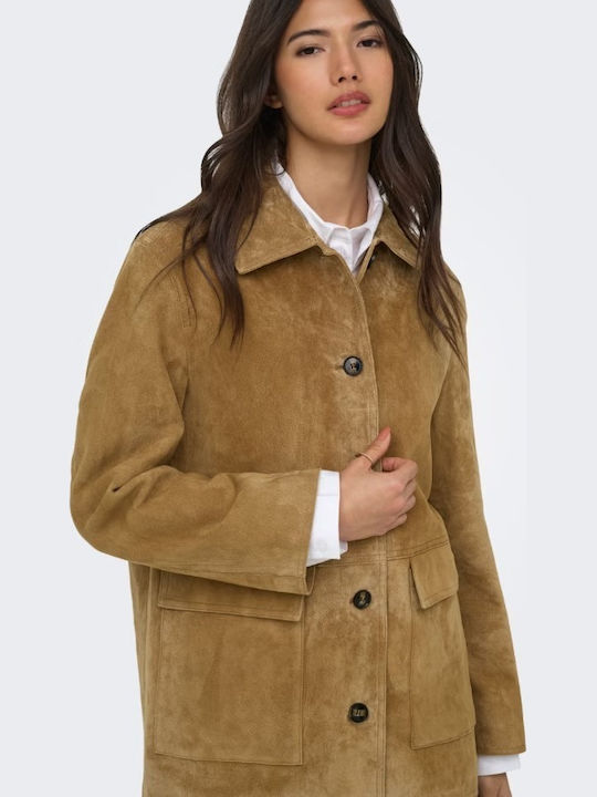 Langes Wildleder Damenjacke Für Winter Tabac