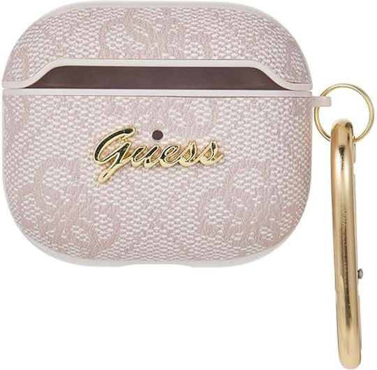 Guess Script Metal Collection Husă cu cârlig în culoarea Roz pentru Apple AirPods 3