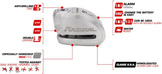 Radikal RK914S Motorrad-Bremsscheibenschloss mit Alarm Silber Farbe