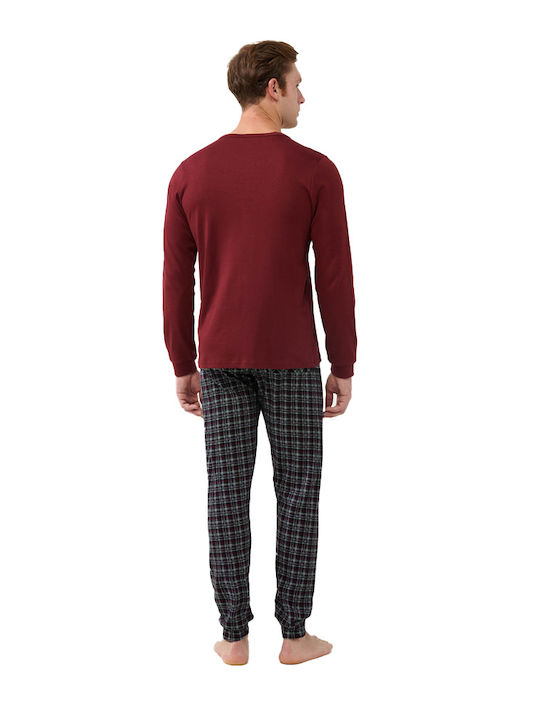 Pijamale bărbătești Vamp din bumbac, culoare uni, cu guler rotund și pantaloni în carouri Bordeaux