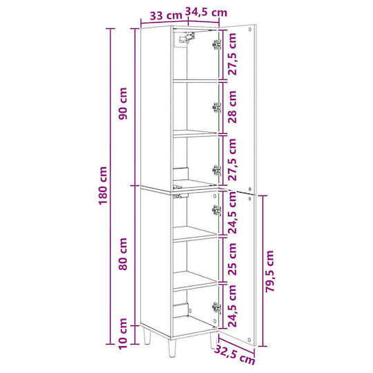 vidaXL Bathroom Column Cabinet Floor M33xL34.5xH90cm Brown