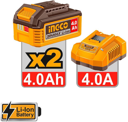 Ingco CKLI202598E Σετ Γωνιακός Τροχός, Δραπανοκατσάβιδο & Πιστολέτο Brushless 20V με 2 Μπαταρίες 4Ah και Θήκη