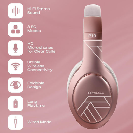 PowerLocus P19 Безжични / Жични Over Ear Слушалки с 60 часа Работа и Бързо Зареждане Розово злато
