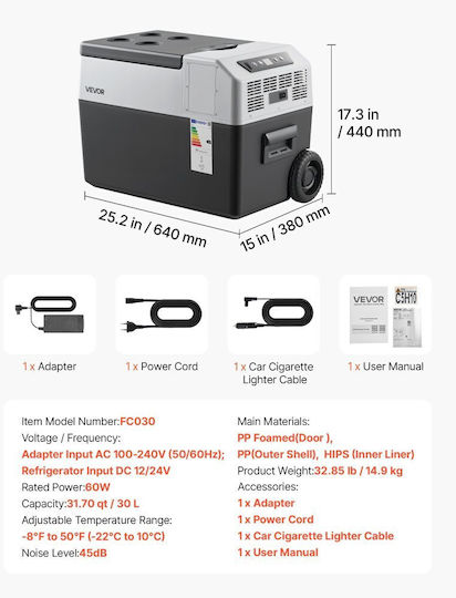 Vevor Portable Fridge 30L 100-240V