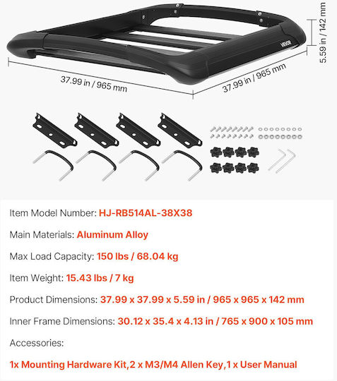 Vevor Car Roof Rack Aluminum 96.5x96.5cm Universal