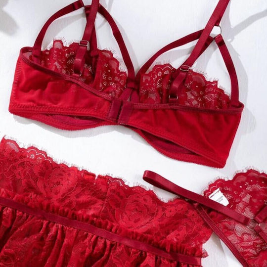 Roza Underwear Rz640 Women's Sexy Lingerie Set Lace Garters String & Bra Red Sleepwear Set