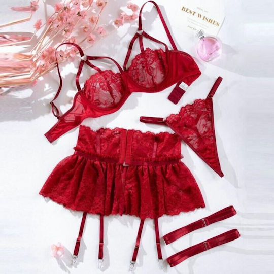 Roza Underwear Rz640 Women's Sexy Lingerie Set Lace Garters String & Bra Red Sleepwear Set