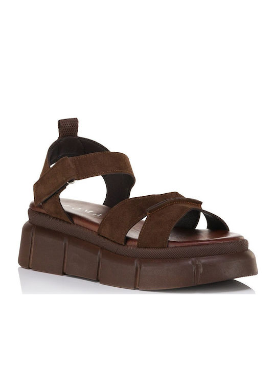 Leather Women's Flat Sandals Flatforms Brown