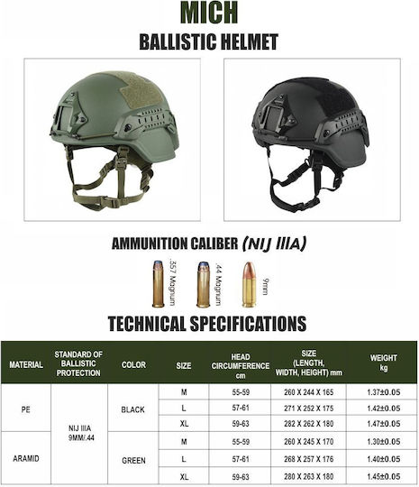 Mich Nij Iiia Tactical Ballistic Helmet Resistant To 9mm 357 Sig 44 Magnum Bullets Nvg Compatible Fast Rail 360° Adjustment System Ultra-resistant Pe Material Size M Military Green