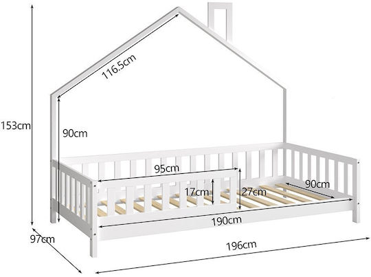 Kids Bed Montessori Classic Single White for Mattress 90x190cm