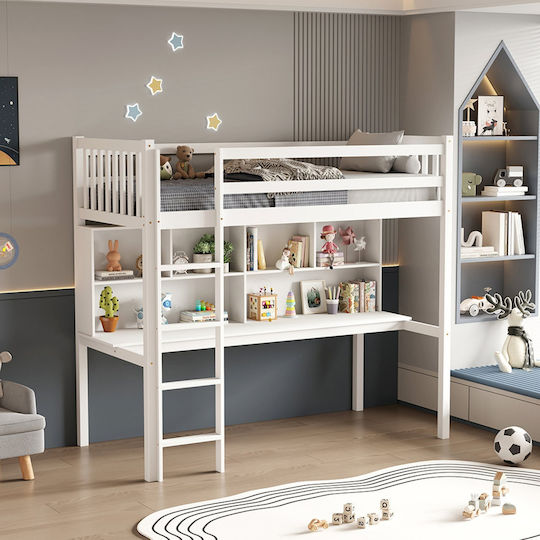 Kids Bed Bunk Single with Storage Space Mattress and Desk White 90x190cm