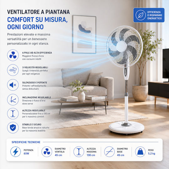 Bakaji Ανεμιστήρας Ορθοστάτης 65W Διαμέτρου 45cm Λευκός