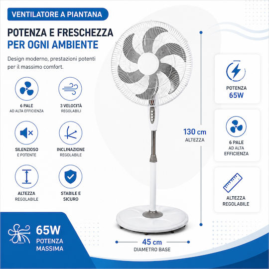 Bakaji Ανεμιστήρας Ορθοστάτης 65W Διαμέτρου 45cm Λευκός