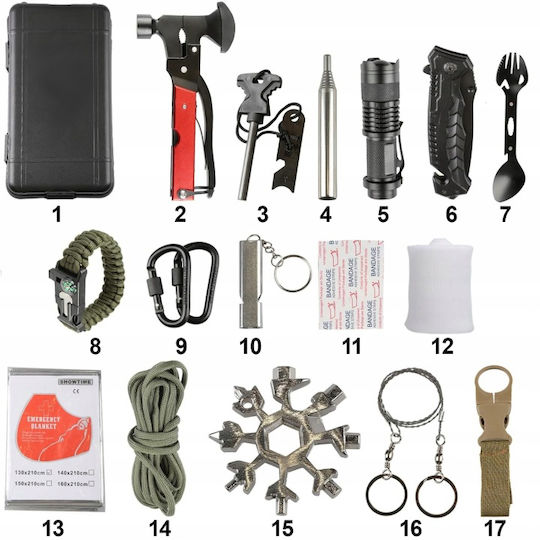 Newevo Kit Militar Complet de Supraviețuire 17-în-1 51 de Utilizări Diferite Multitool Lanternă Cuțit Busolă Accesorii pentru Camping în Aer Liber Negru