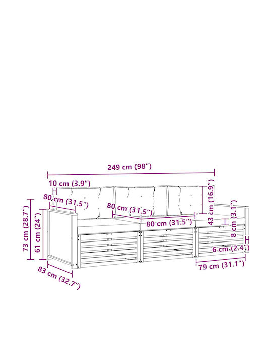 vidaXL Dreisitzer Outdoor-Sofa Hölzernes mit Kissen 249x83x73cm