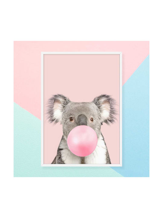 Kids Wall Art Koala with Pink Bubble with White Frame Wooden 40x50cm