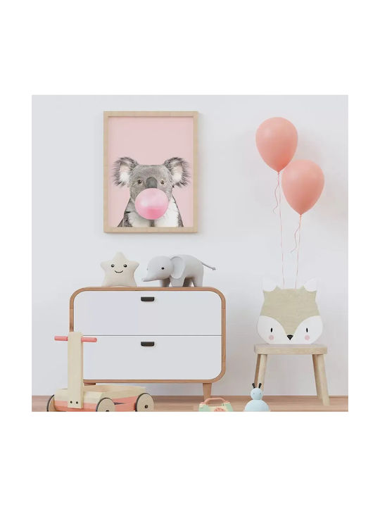 Kids Wall Art Koala with Pink Bubble with White Frame Wooden 40x50cm