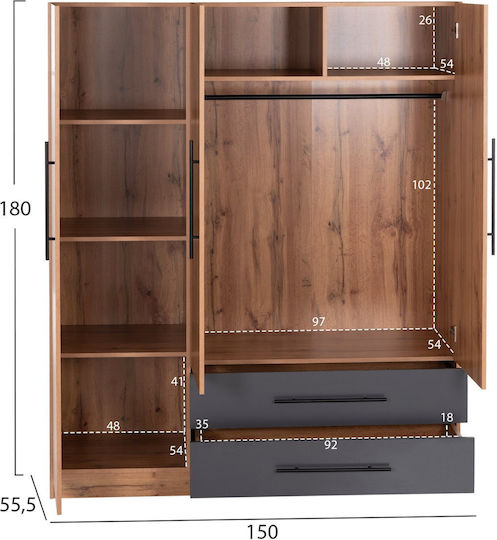 Τρίφυλλη Ντουλάπα 150x55.5x180cm Φυσικο/γκρι Τρίφυλλη Ντουλάπα 150x55.5x180cm Φυσικο/γκρι