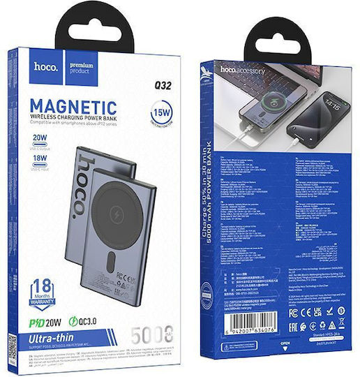Hoco Q32 Baterie Externă MagSafe 5000mAh 20W Power Delivery Încărcare Rapidă Gri