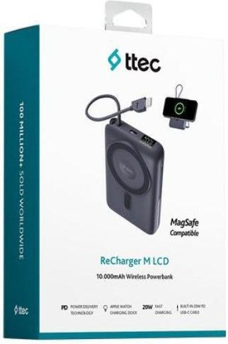 TTEC Recharger M LCD MagSafe Power Bank 10000mAh 22.5W With USB-A Output Port And USB-C Output Port Power Delivery Gray