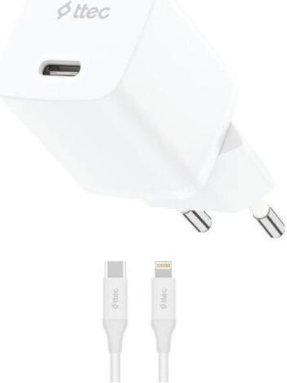 TTEC GaN Charger With USB-C Port And USB-C - Lightning Cable 30W Power Delivery White SmartCharger