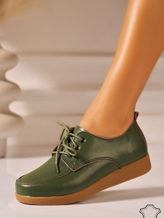 Leather Women's Oxfords in Green Colour