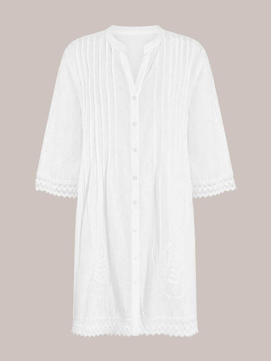 Celestino Women's Embroidered Caftan Shirt Paisley Loose Fit White