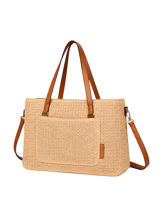 Gallantry Women Tote Handbag Mac & Noa Raffia-effect Front Pocket Chic Beige