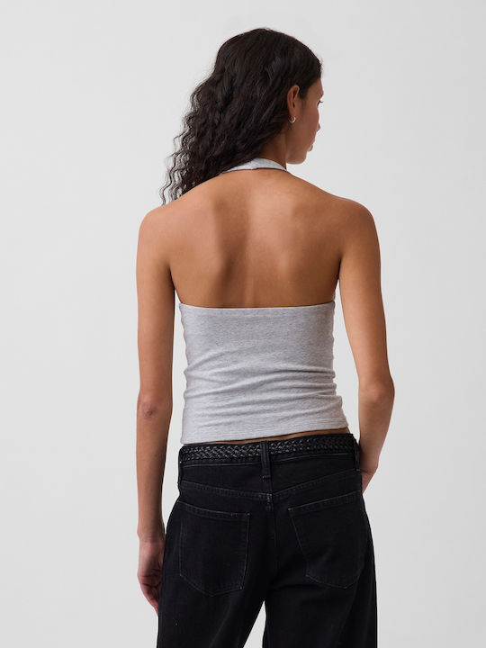 Women's Cotton Sleeveless Crop Top with Neck Tie Light Heather Grey