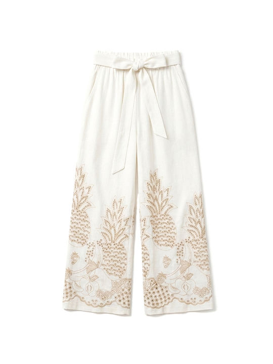 Damen Hochgeschnittene Leinen Pantaloona mit Gummiband Ecru-Beige