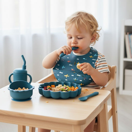 Queen Mother Feeding Set Planes Made of Silicone with Anti-Slip Base Blue 6pcs
