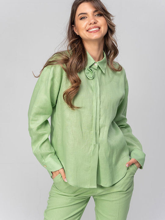 Daniela Long Sleeve Women's Linen Shirt Olive