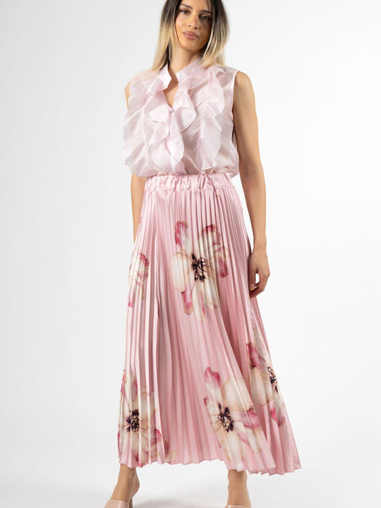 Πλισέ Maxi Φούστα Floral Ροζ
