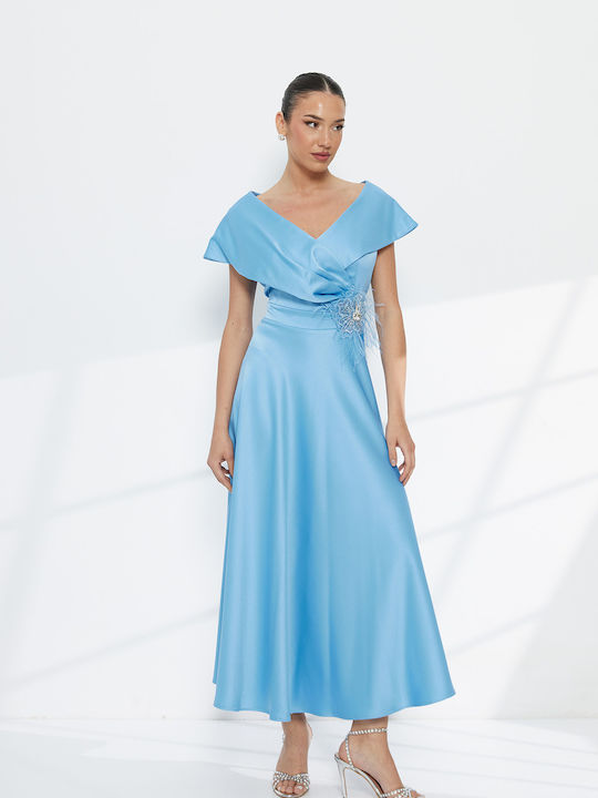 Summer Midi Evening Satin Light Blue Dress