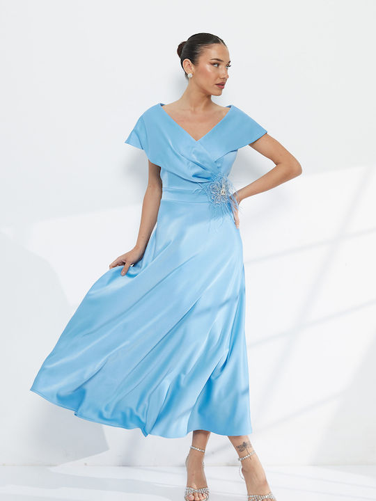 Summer Midi Evening Satin Light Blue Dress