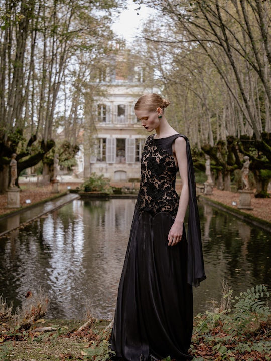 Maxi Βραδινό Φόρεμα Βελούδινο με Δαντέλα Black Velvet Lace