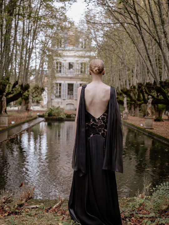 Maxi Βραδινό Φόρεμα Βελούδινο με Δαντέλα Black Velvet Lace