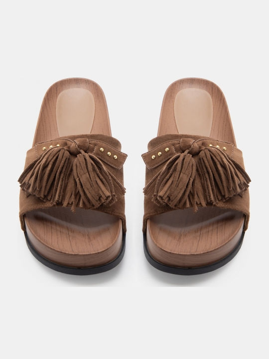 Suede Mules με Χαμηλό Τακούνι σε Καφέ Χρώμα