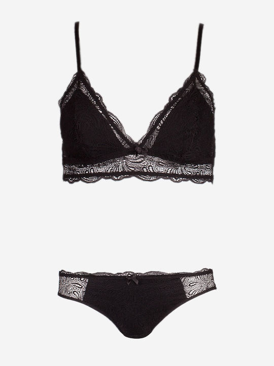 Norddiva Lace Underwear Set with Bralette & Brazil Black