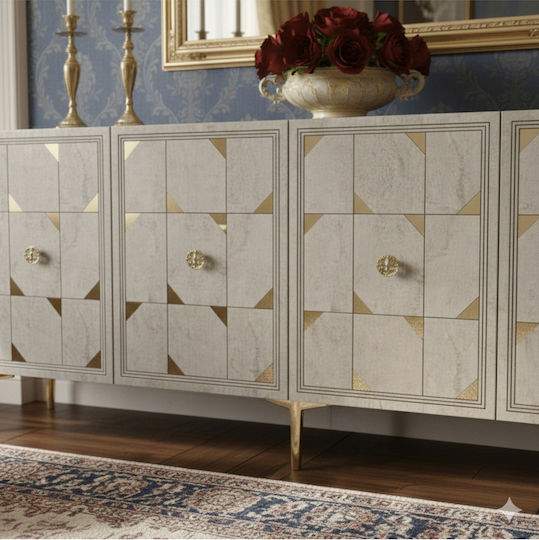 Μπουφές Ξύλινος με Καθρέπτη Λευκός 150x32x75cm