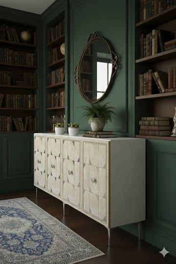 Буфет Дървен с Огледало Бял 150x32x75см