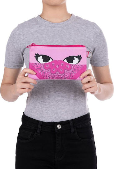 Double Zippered Fabric Pencil Case Mask Zipit Face-it Bandit Pink