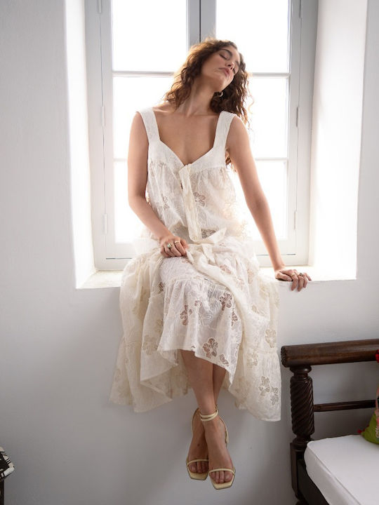 Sommer Midi Damenkleid Floral Ecru