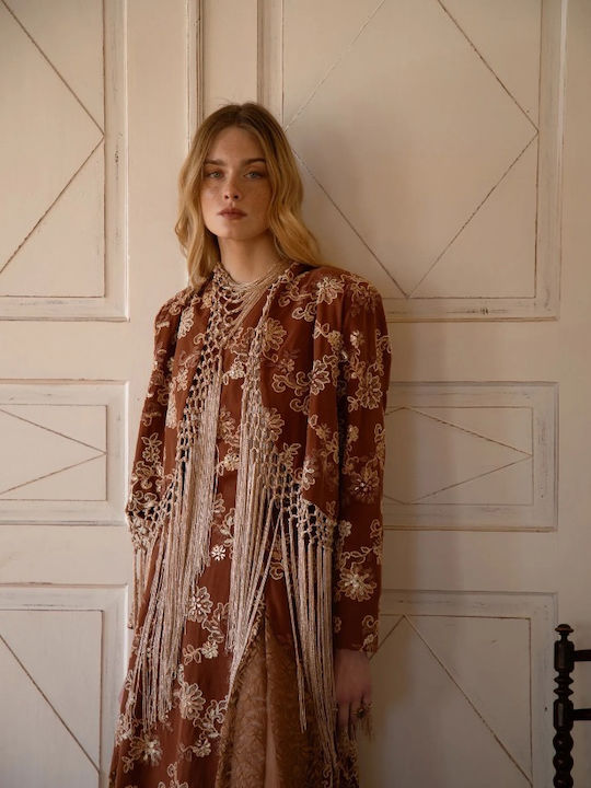 Rochie-Cămașă Midi Floral Teracotă