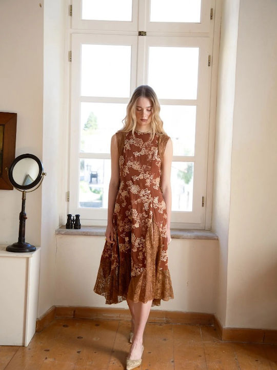 Rochie-Cămașă Midi Floral Teracotă