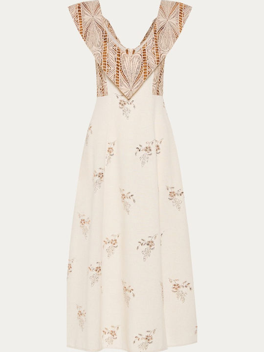 Sommer Midi Damenkleid für Hochzeit Taufe Blumen Ecru