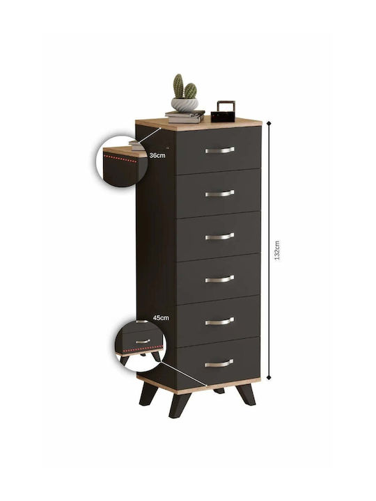 SteweHome Kommode Schlafzimmer Holz mit 6 Schubladen Graue 45x36x132cm