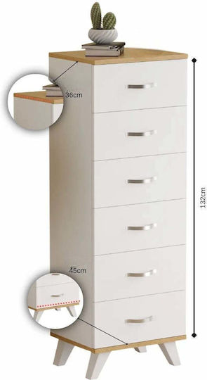 Bedroom Chest of Drawers Wooden with 6 Drawers Grey 45x36x132cm