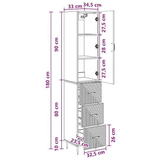 vidaXL Bathroom Column Cabinet Wall Hung M33xD34.5xH90cm White