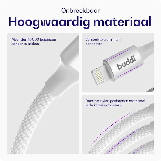 Buddi Flex USB-C to Lightning Cable 12W White 1m